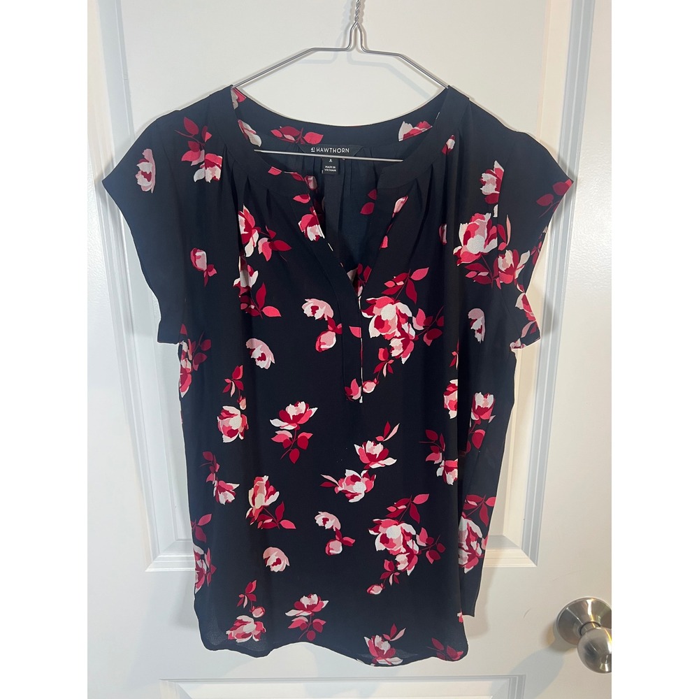 41 Hawthorn Womens Blouse‎ Floral Print Split Neck Black Red Size S